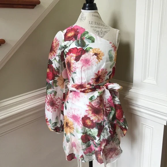 NWT La Maison Talulah Garland Mini Dress Womens Small Cream Red Floral One Arm